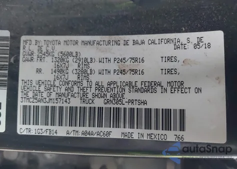 2018 Toyota Tacoma Sr V6 z USA, uszkodzony, nr VIN 3TMCZ5AN3JM157143